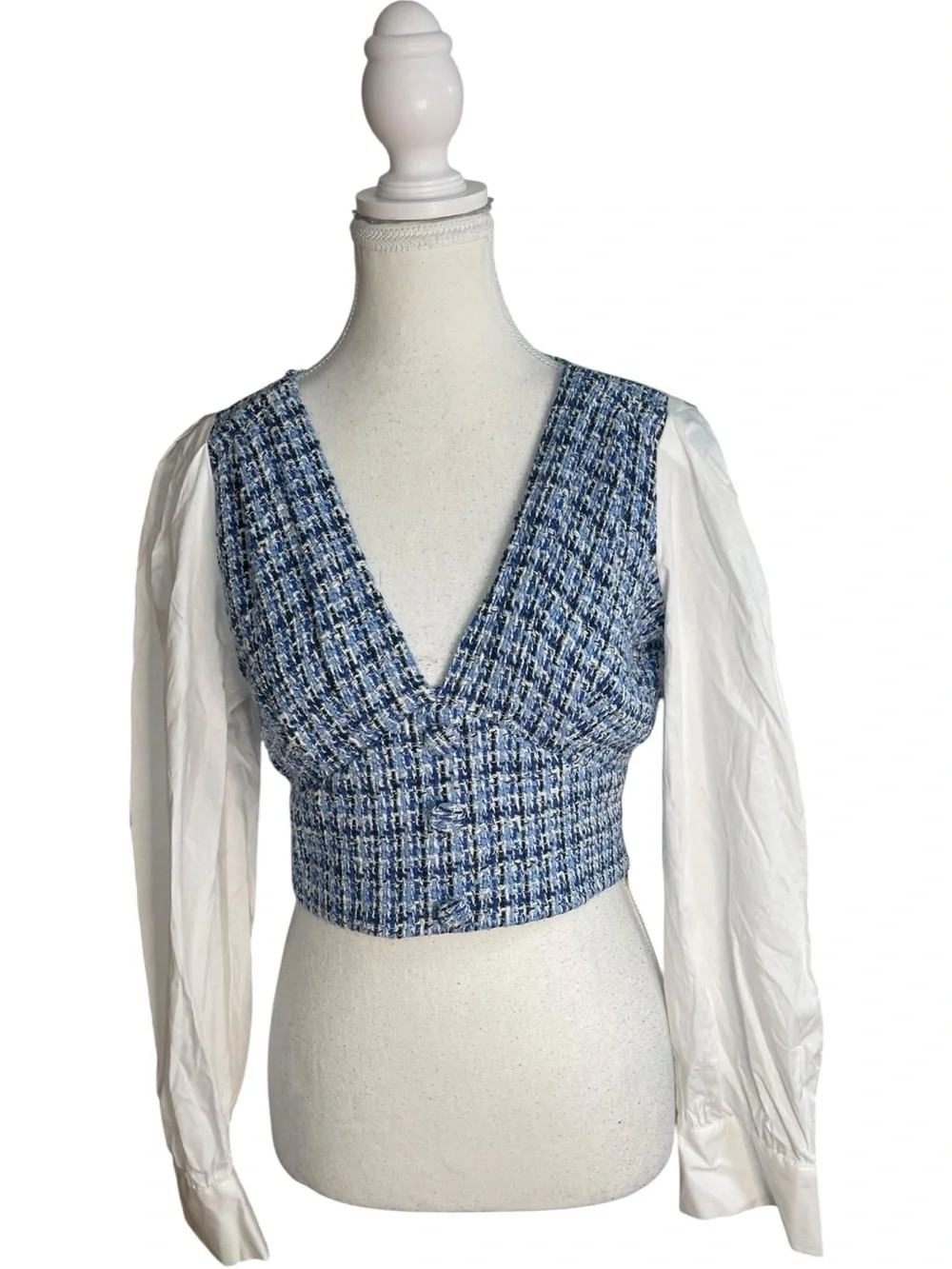 Zara Contrast Textured Tweed Cropped Blouse White Blue